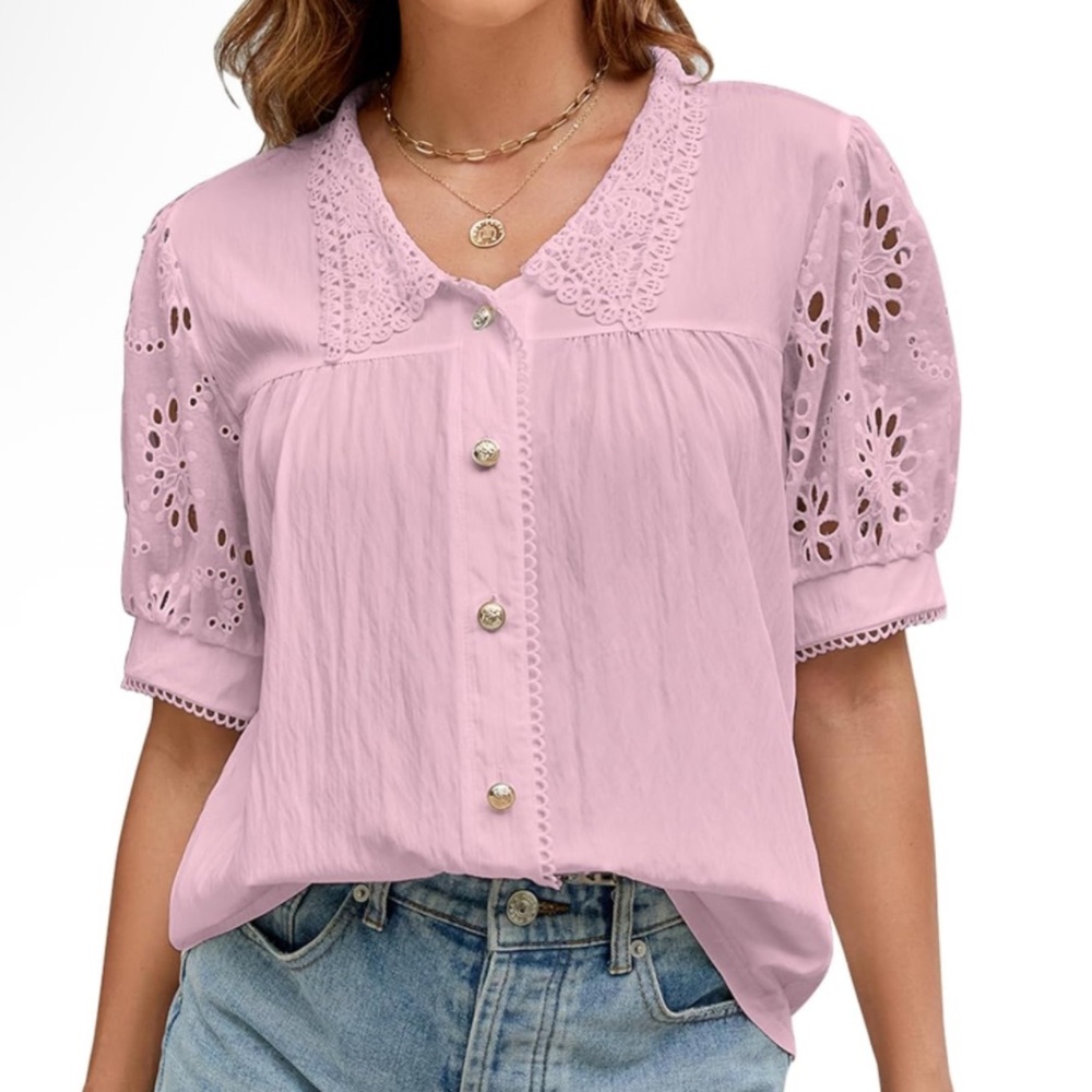 SALE! Eyelet Lace Collar Puff Sleeve Blouse - Pink